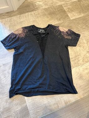 Affliction Black Short-Sleeve Tee with Washed Brown Shoulder Accents